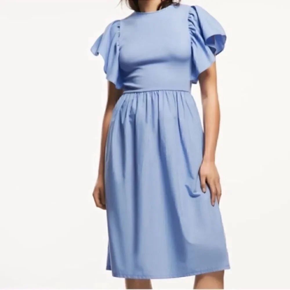 Zara Ruffle Sleeve Blue Midi Dress(Size Medium)